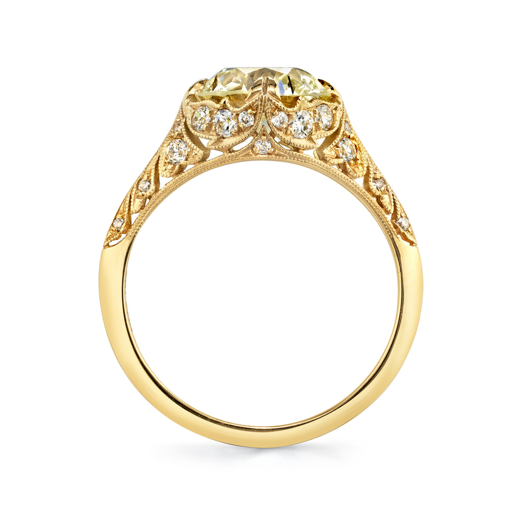 Single Stone's CHARLOTTE  featuring 2.30ct N/VS2 GIA certified old European cut diamond with 0.27ctw old European cut accent diamonds prong set in a handcrafted 18K yellow gold mounting.
