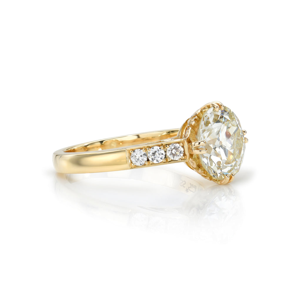 Single Stone's CLARISSA ring  featuring 2.39ct O-P/VS2 GIA certified old European cut diamond set with 0.20ctw old European cut accent diamonds prong set in a handcrafted 18K yellow gold mounting.
