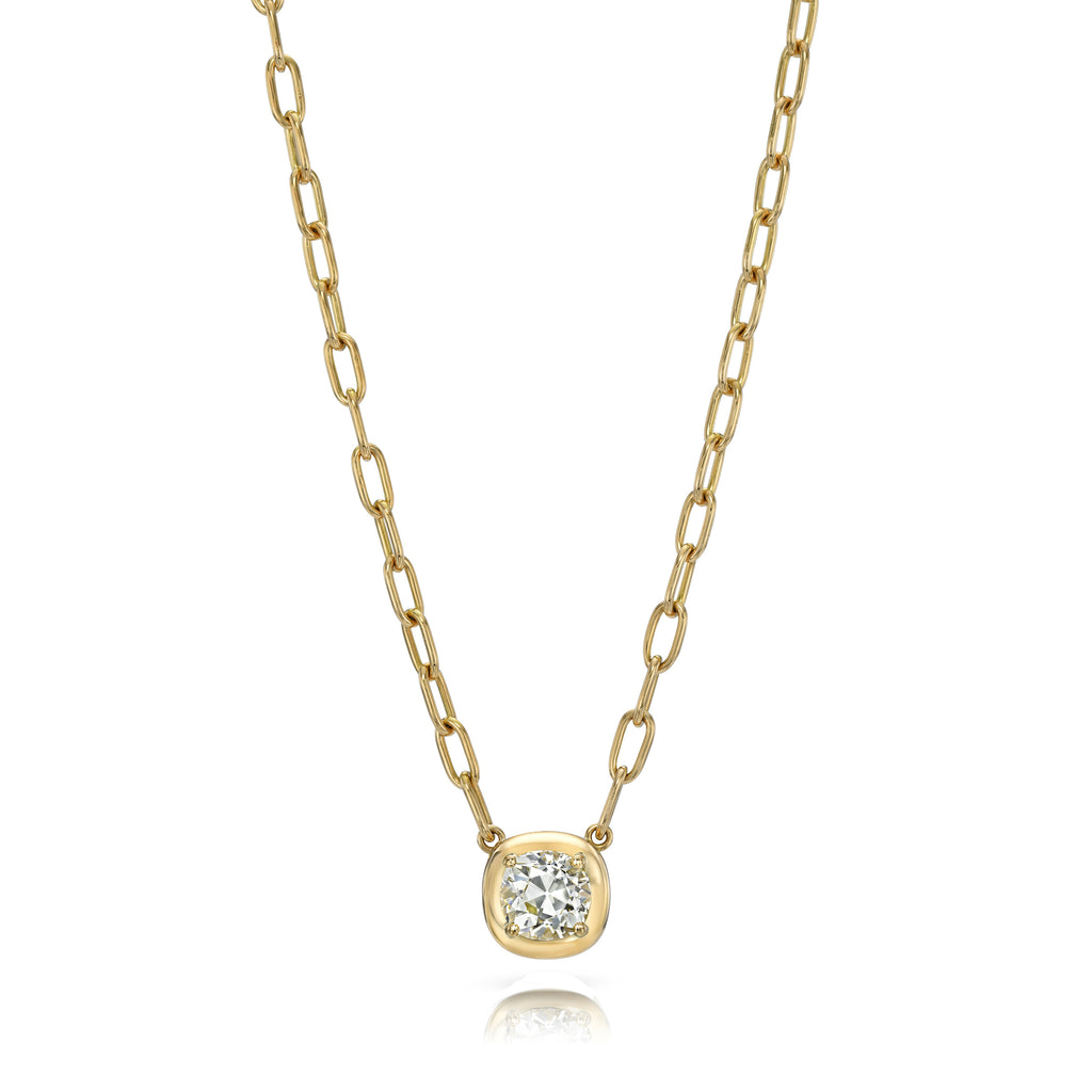 Single Stone's CORI NECKLACE  featuring 1.34ct G/I1 GIA certified old European cut diamond prong set on our handcrafted 18K yellow gold Bond chain.
