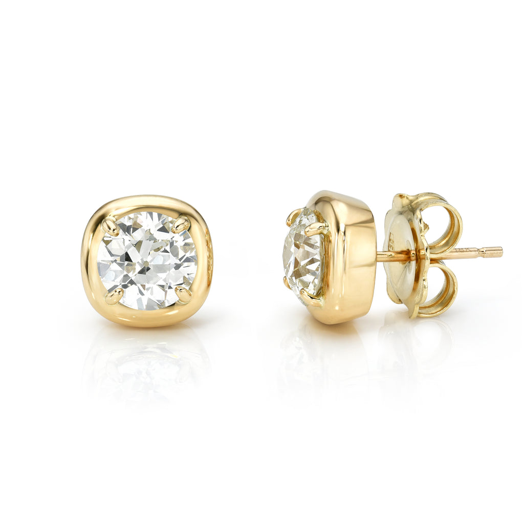 Single Stone's CORI STUDS earrings  featuring 3.19ctw L-M/SI1 GIA certified old European cut diamonds prong set in handcrafted 18K yellow gold stud earrings.

