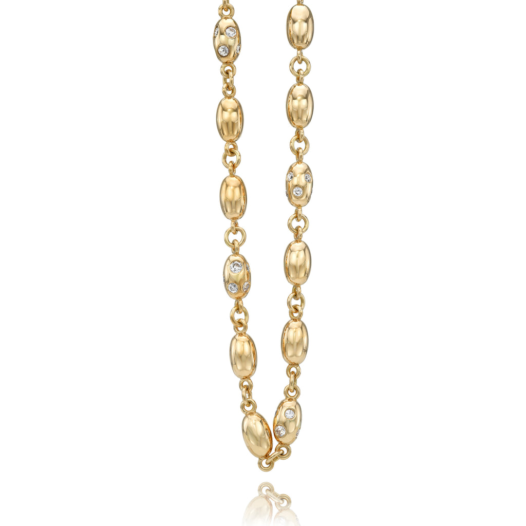 Single Stone's DOROTHY LUXE NECKLACE WITH DIAMONDS  featuring Approximately 3.75-3.85ctw varying old cut and round brilliant cut diamonds set in a handcrafted 18K yellow gold necklace, available in a polished or satin finish. Necklace measures 17&quot;.

