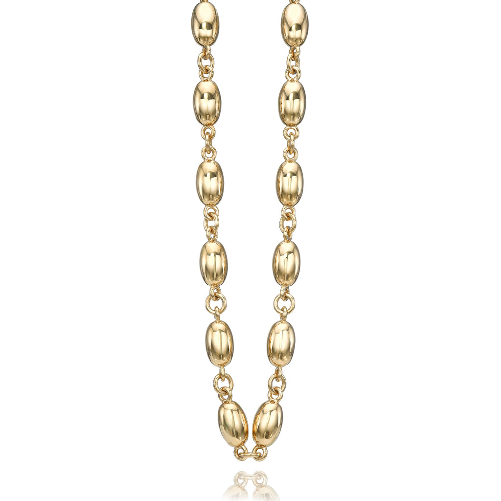 
Single Stone's Dorothy luxe necklace ring  featuring Handcrafted 18K yellow gold satin finish large oval bead necklace.
Necklace measures 17.25".
