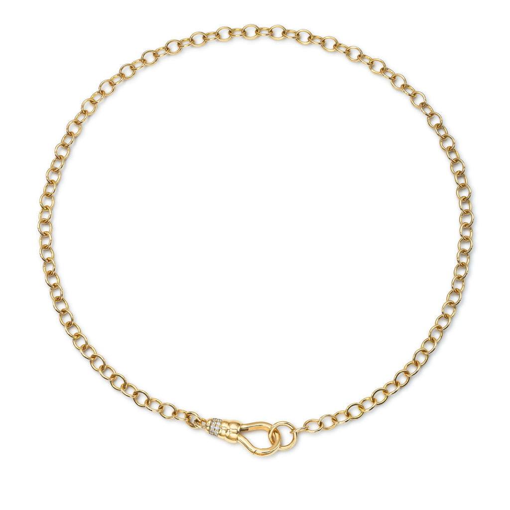 Single Stone's EVREN  featuring Handcrafted 18K yellow gold link chain with approximately 0.20ctw G-H/VS pavé set old European cut accent diamonds. Available in 17&quot; and 30&quot; lengths. Price does not include charms.
