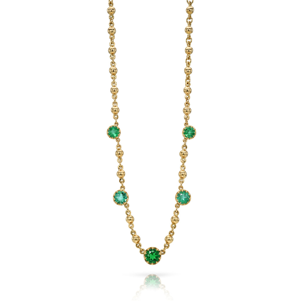 
Single Stone's Five stone rosalina necklace with gemstones  featuring Approximately 2.05ctw round cut green emeralds prong set on our handcrafted 18K yellow gold rosary chain.
Necklace measures 17".
