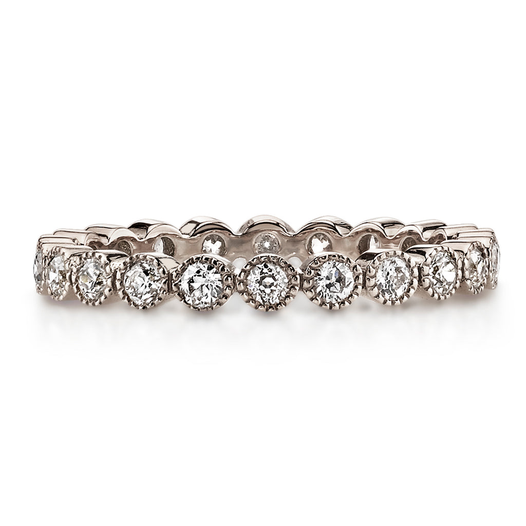 Single Stone's MINI GABBY band  featuring Approximately 0.70ctw old European cut diamonds bezel set in a handcrafted eternity band. Approximate band width 2.4mm. Please inquire for additional customization,
