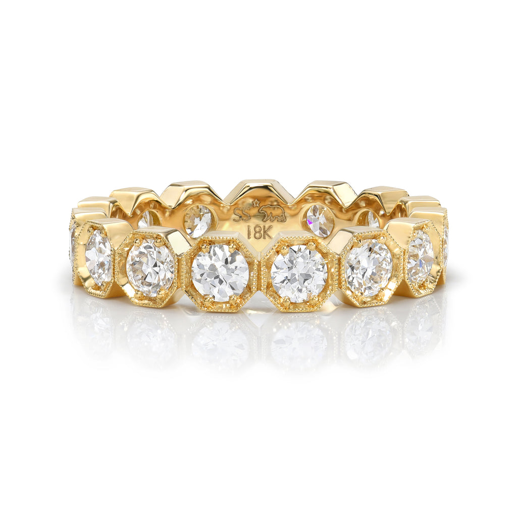 Single Stone's GEMMA SMALL band  featuring Approximately 1.80ctw G-H/VS-SI old European cut diamonds prong set in a handcrafted octagonal framed eternity band.   
