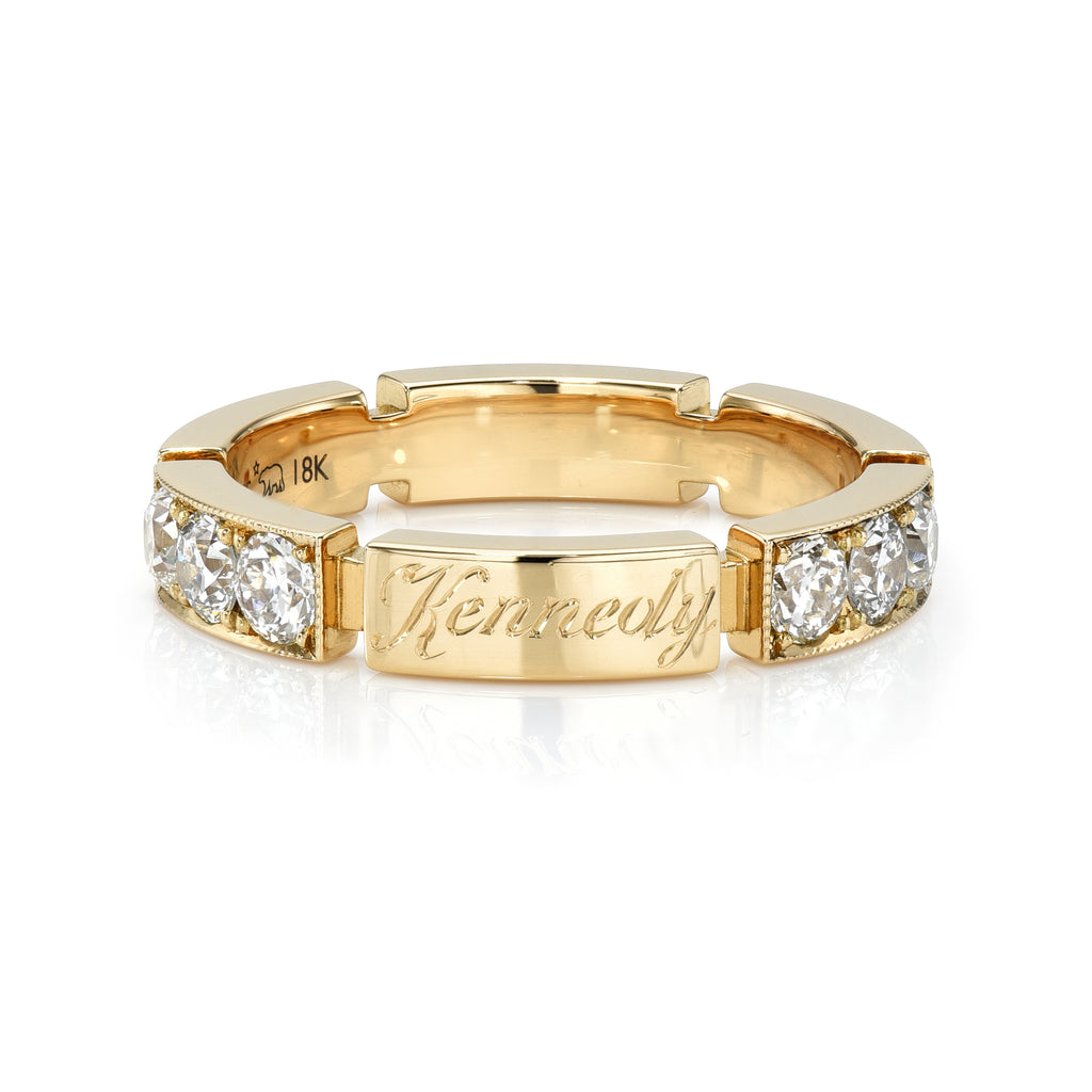 Single Stone's GIANA ring  featuring Approximately 0.85ctw G-H/VS old European cut diamonds pavé set in a handcrafted 18K yellow gold band. Approximate band width 3.5mm.
