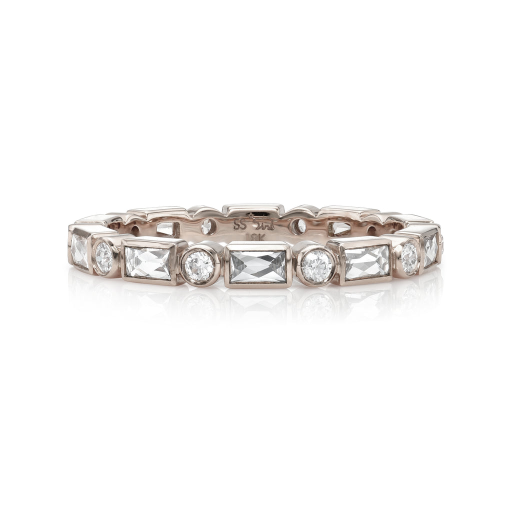 Single Stone's HANNAH band  featuring Approximately 1.00ctw G-H/VS old European and French cut diamonds bezel set in a handcrafted eternity band. Approximate band width 2.4mm Please inquire for additional customization.
