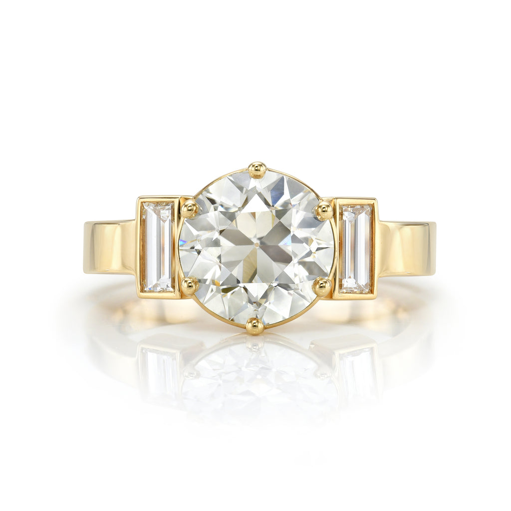 Single Stone's ISABEL ring  featuring 2.20ct L/SI1 GIA certified old European cut diamond with 0.39ctw baguette cut accent diamonds set in a handcrafted 18K yellow gold mounting.
