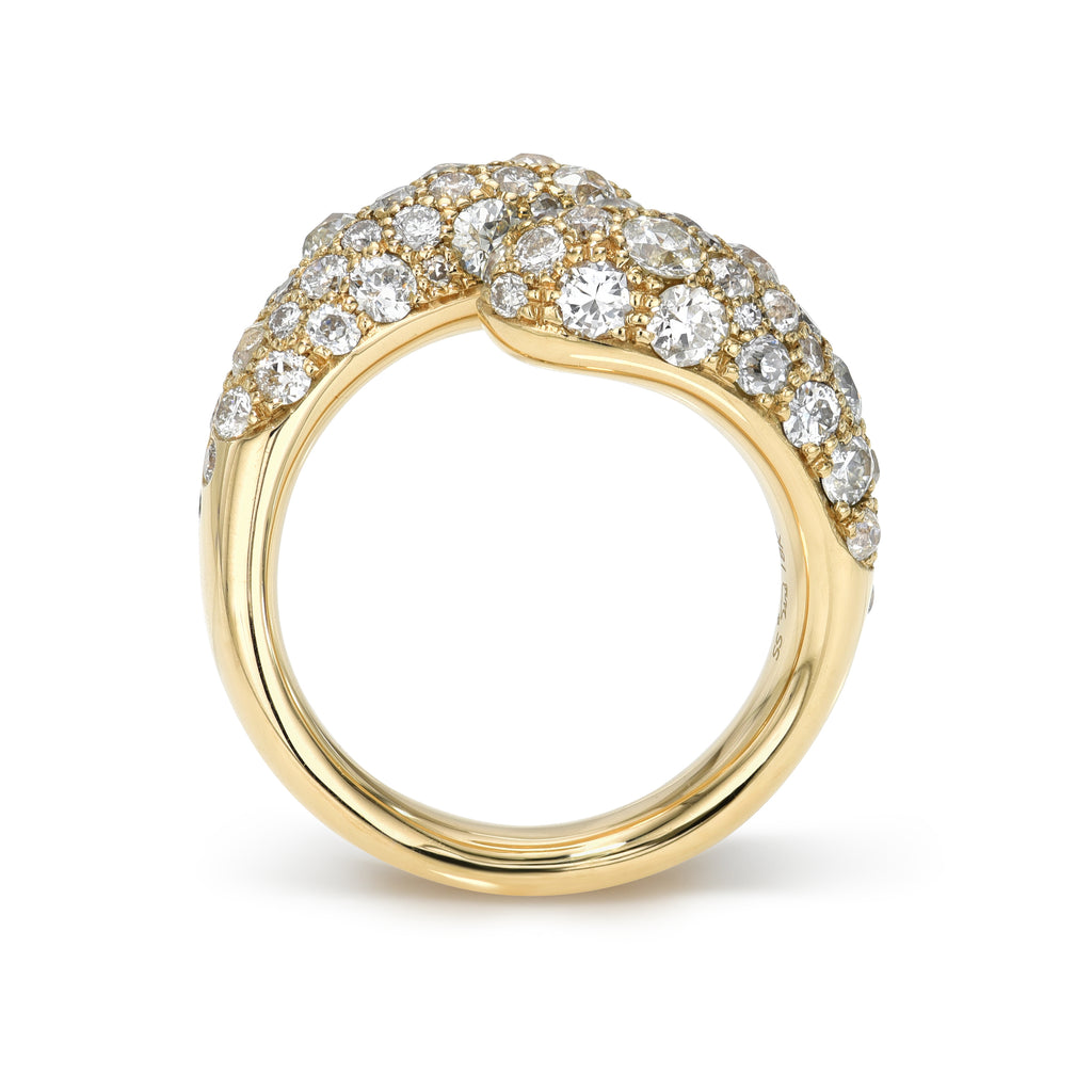 Single Stone's EVE COBBLESTONE DUO ring  featuring Approximately 2.70-2.80ctw varying old cut and round brilliant cut diamonds set in a handcrafted 18K yellow gold bypass ring. Please inquire about sizing or further customization.
