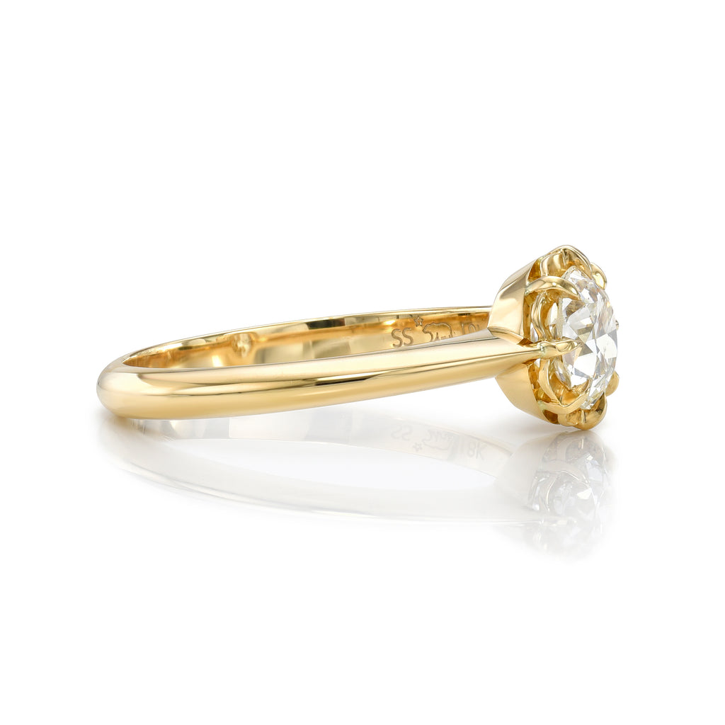 Single Stone's JOSILYN ring  featuring 0.80ct J/I1 GIA certified old European cut diamond prong set in a handcrafted 18K yellow gold mounting.
