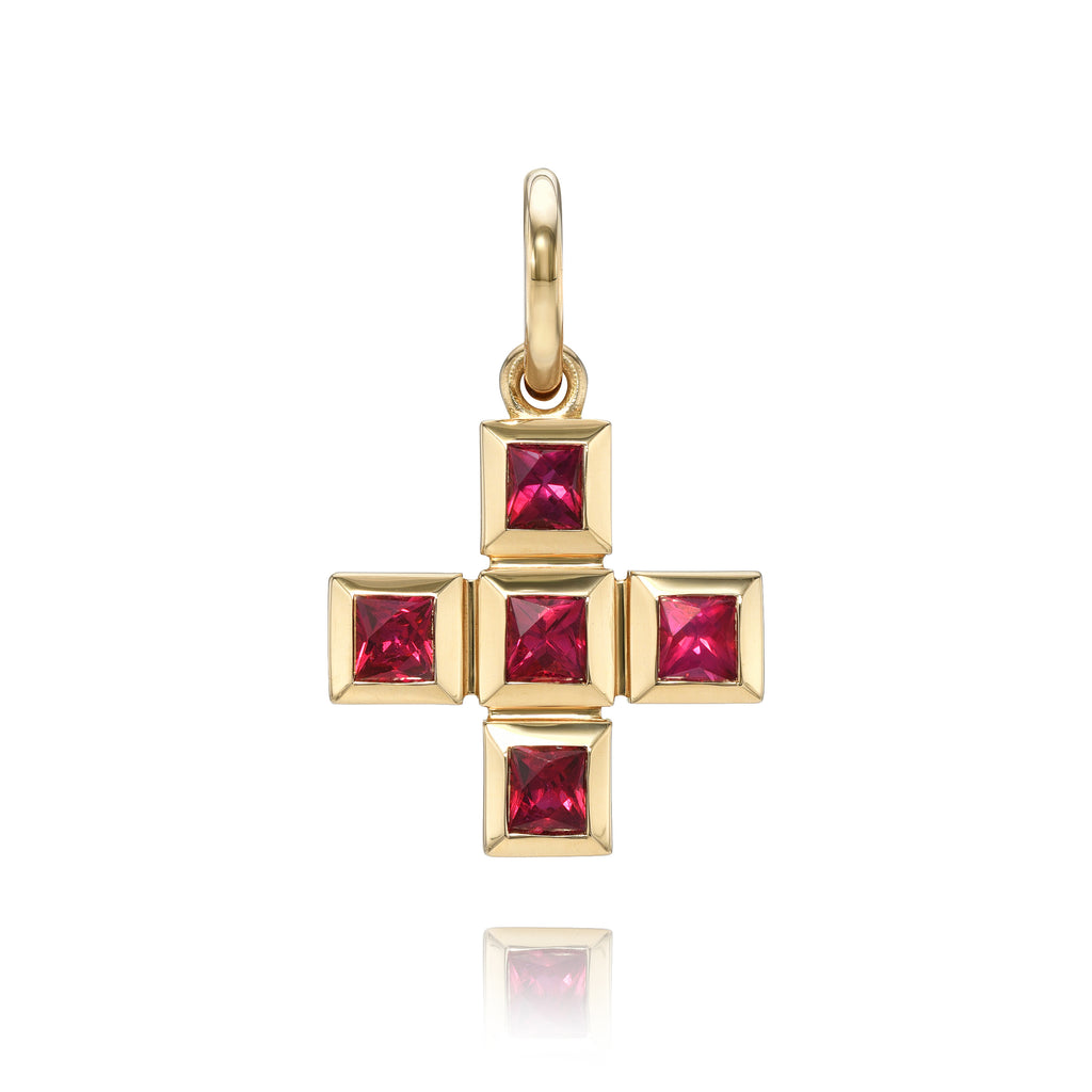 
Single Stone's Karina cross with gemstones pendant  featuring Approximately 1.20ctw-1.40ctw French cut gemstones bezel set in a handcrafted 18K yellow gold cross pendant.
Price does not include chain.
