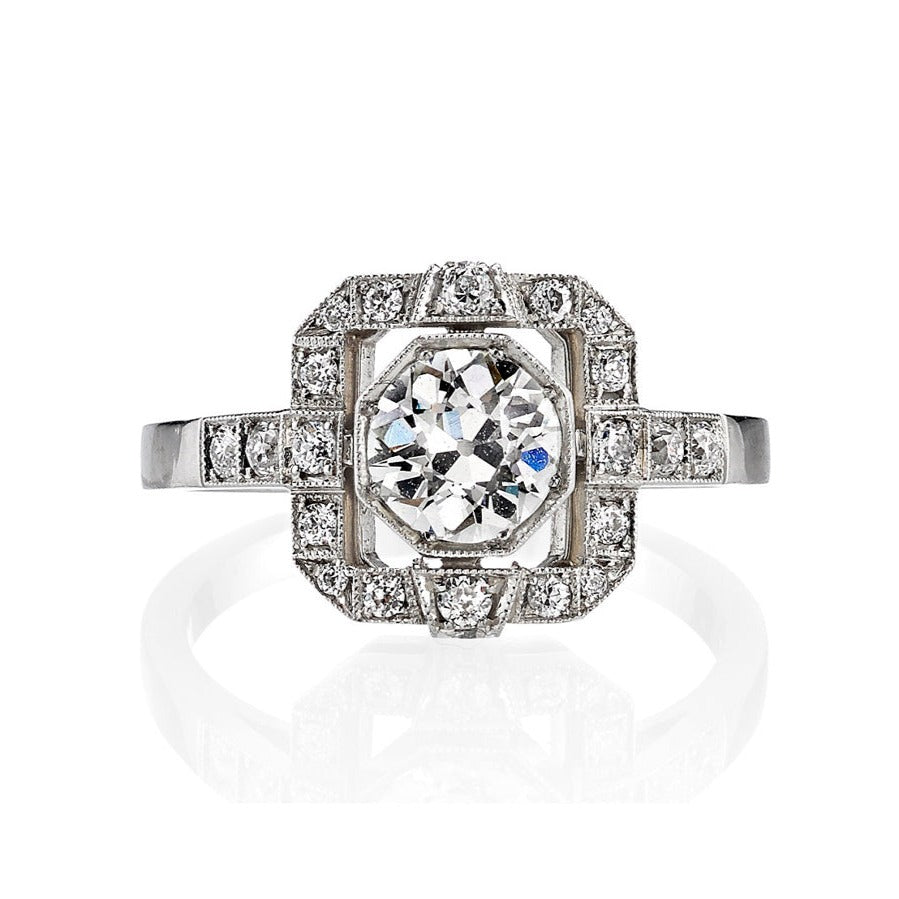 
Single Stone's Katie ring  featuring 0.69ct K/VS2 GIA certified old European cut diamond with 0.35ctw old European cut accent diamonds set in a handcrafted platinum mounting.


