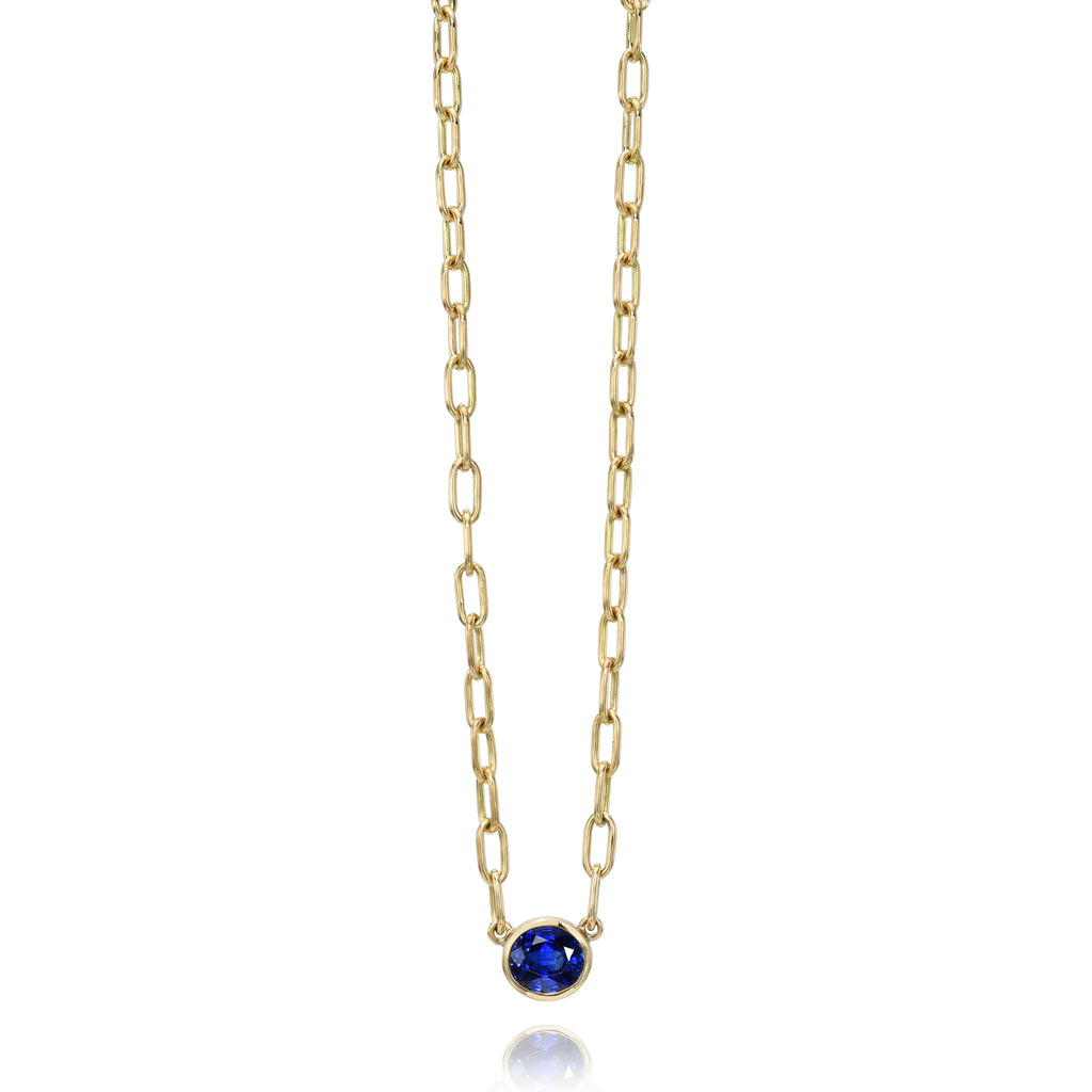 Single Stone's LEAH NECKLACE  featuring 1.40ct GIA certified Sri Lankan oval cut blue sapphire bezel set on a handcrafted 18K yellow gold necklace. Necklace measures 17&quot;
