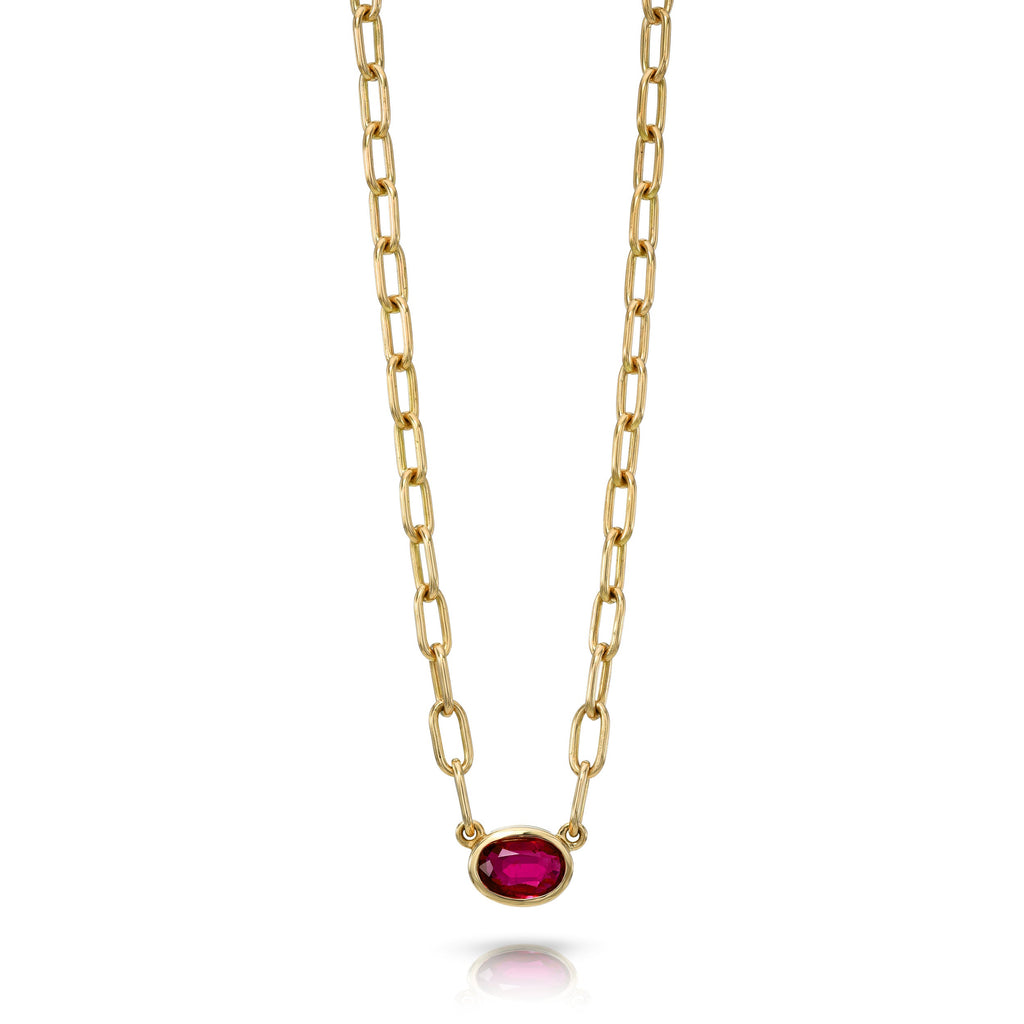 Single Stone's LEAH NECKLACE  featuring 1.07ct GIA certified Madagascan oval cut red ruby bezel set on our handcrafted 18K yellow gold Bond chain. Necklace measures 17&quot;
