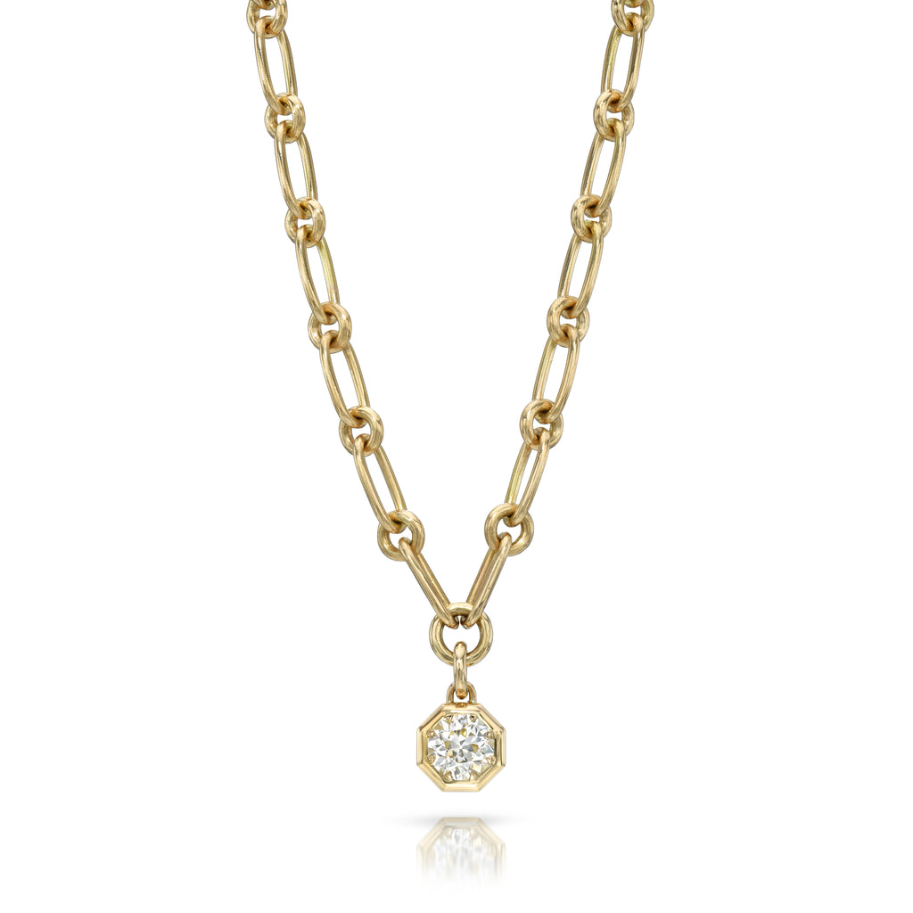 
Single Stone's Lola necklace earrings  featuring 1.71ct M/SI2 GIA certified old European cut diamond prong set on our handcrafted 18K yellow gold Lola chain.
Necklace measures 17".
