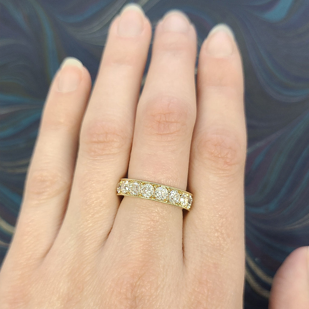 Single Stone's CARMELA LARGE band  featuring Approximately 3.30-3.80ctw G-H/VS old European cut diamonds pavé set in a handcrafted eternity band. Approximate band width 4.9mm. Please inquire for additional customization.
