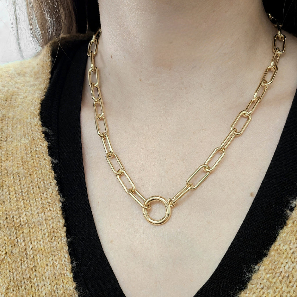 Single Stone's LIBBY ANNEX  featuring Handcrafted 18K yellow gold paperclip link necklace with round charm enhancer.
