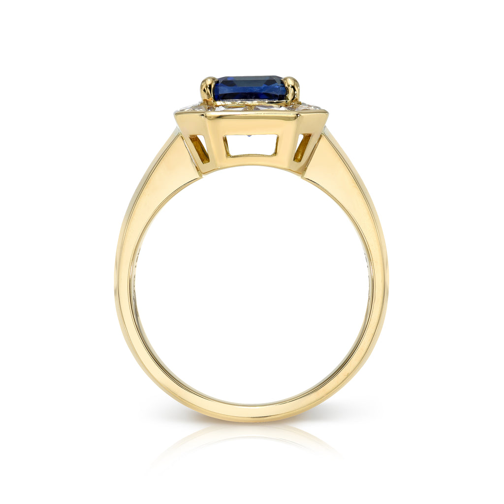 Single Stone's MARIA ring  featuring 2.18ct GIA certified Asscher cut Sri Lankan blue sapphire with 0.85ctw French cut accent diamonds prong set in a handcrafted 18K yellow gold mounting.
