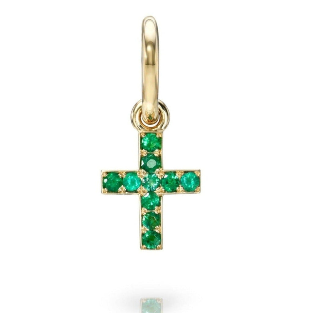 Single Stone's MINI PAVÉ CARMELA CROSS WITH GEMSTONES pendant  featuring Approximately 0.15ctw round cut gemstones pavé set in a handcrafted 18K yellow gold cross. Cross measures 8.20mm x 9.80mm. Price does not include chain.
