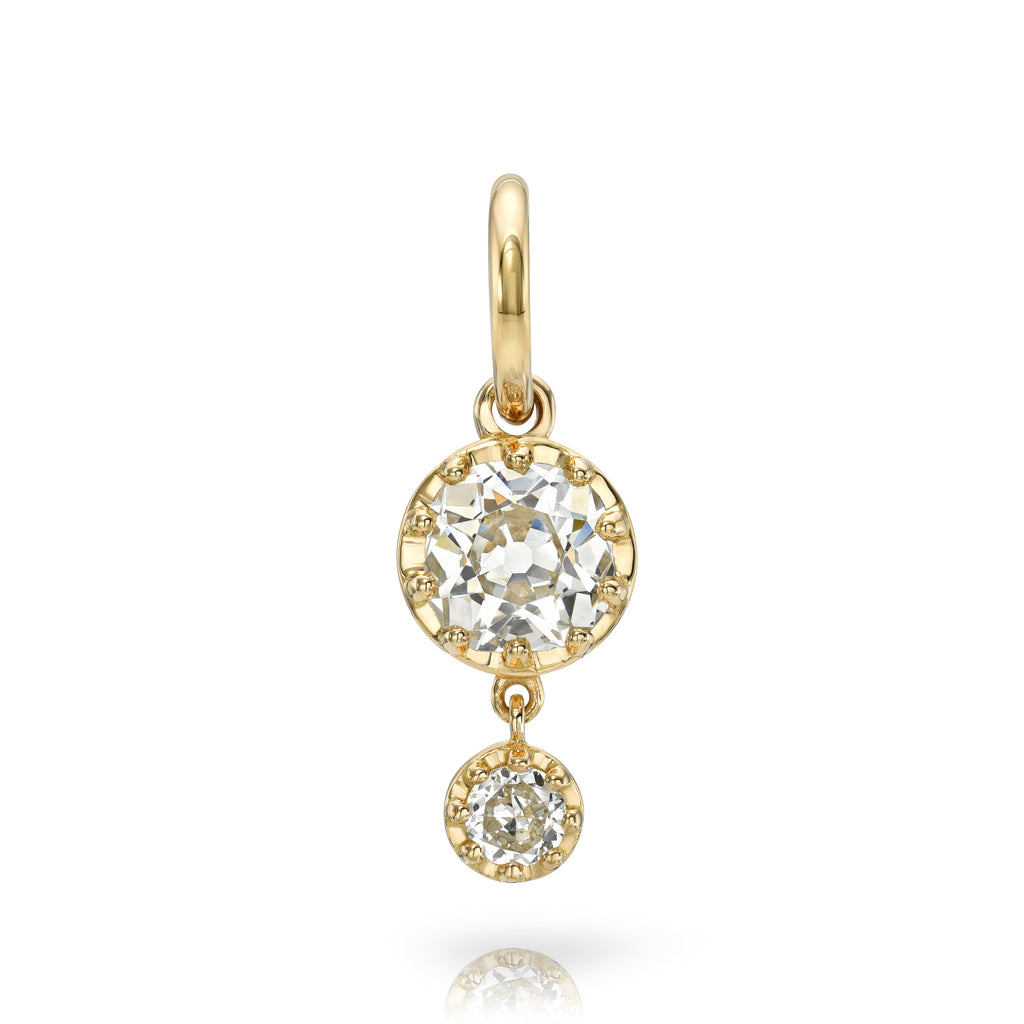 Single Stone's POLLY DOUBLE DROP pendant  featuring 1.43ct L/SI1 GIA certified antique old mine cut diamond with a 0.17ct old European cut accent diamond prong set in a handcrafted 18K yellow gold double drop diamond pendant.
