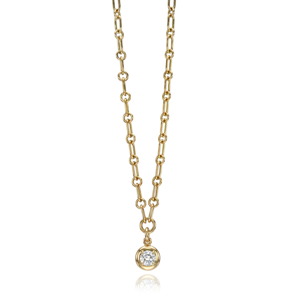 Single Stone's RANDI DROP NECKLACE  featuring 0.53ct G/SI2 GIA certified old European cut diamond prong set on a handcrafted 18K yellow gold drop pendant necklace. Necklace measures 17&quot;.
