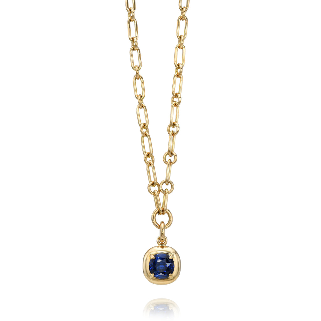 Single Stone's RANDI DROP NECKLACE  featuring 1.61ct GIA certified Madagascan oval cut blue sapphire prong set on a handcrafted 18K yellow gold drop pendant necklace. Necklace measures 17&quot;.
