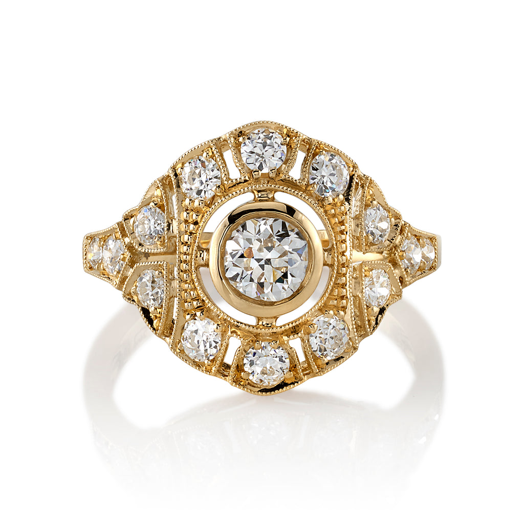 Single Stone's RENEE ring  featuring 0.43ct G/VS1 GIA certified old European cut diamond with 0.49ctw old European cut accent diamonds set in a handcrafted 18K yellow gold mounting.
