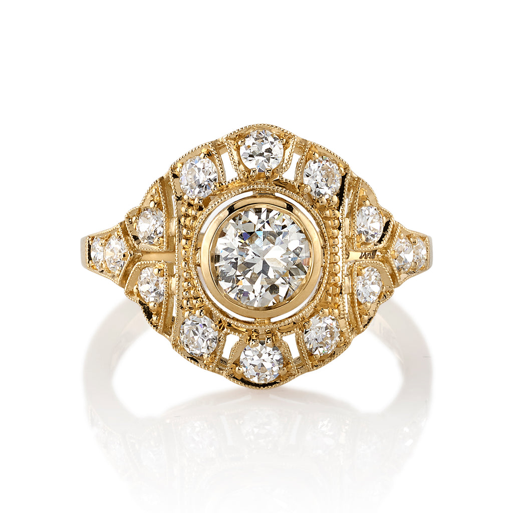 Single Stone's RENEE ring  featuring 0.60ct I/SI2 GIA certified old European cut diamond with 0.71ctw old European cut accent diamonds set in a handcrafted 18K yellow gold mounting.

