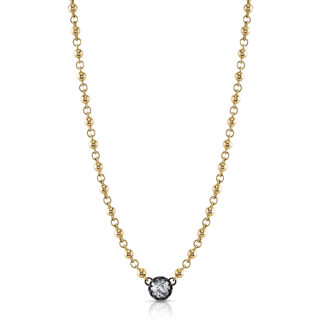 Single Stone's ROSALINA NECKLACE  featuring 1.26ct Q-R/VS1 GIA certified old European cut diamond prong set on a handcrafted 18K yellow gold and oxidized sterling silver pendant necklace. Necklace measures 17&quot;.
