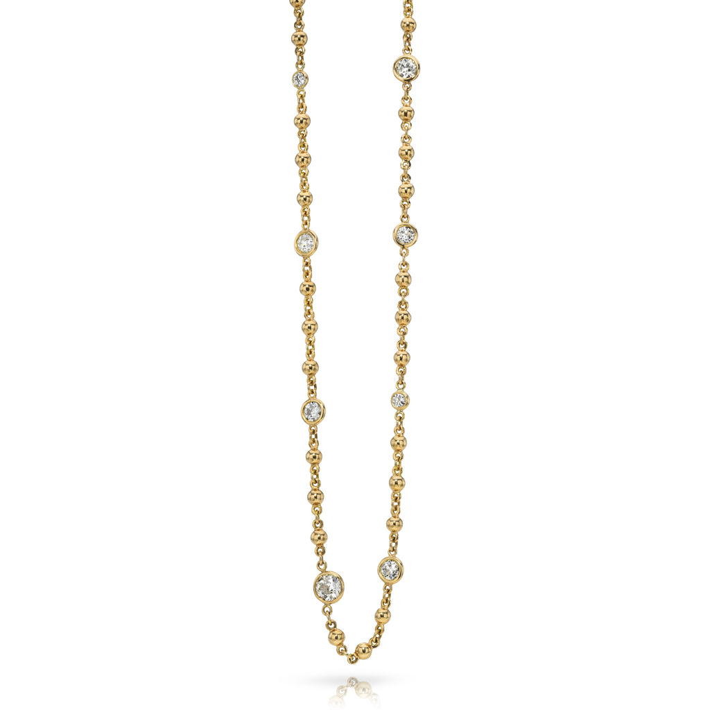 
Single Stone's Diamond rosary chain earrings  featuring 4.08ctw H-M/VS-SI old European and antique old mine cut diamonds bezel set on our handcrafted 18K yellow gold Rosary chain.
Necklace measures 22.5".

