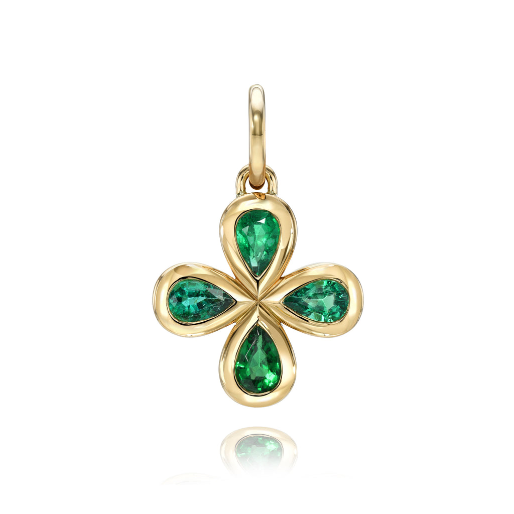 
Single Stone's Rosemary pendant  featuring 1.41ctw pear shaped green emeralds bezel set in a handcrafted 18K yellow gold clover shaped pendant.
Price does not include chain. 
