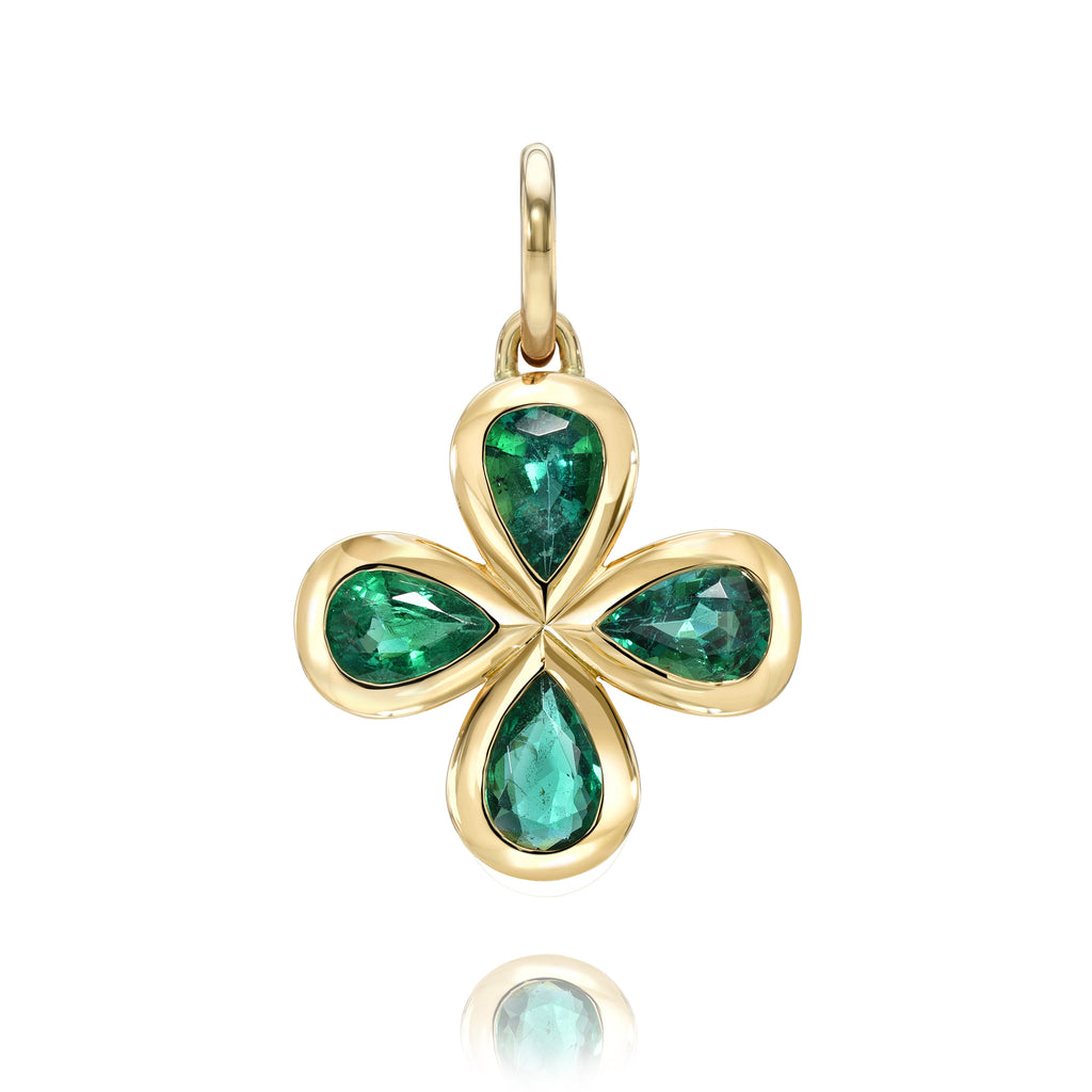 
Single Stone's Rosemary pendant  featuring 2.26ctw pear shaped green emeralds bezel set in a handcrafted 18K yellow gold clover shaped pendant.
Price does not include chain.
