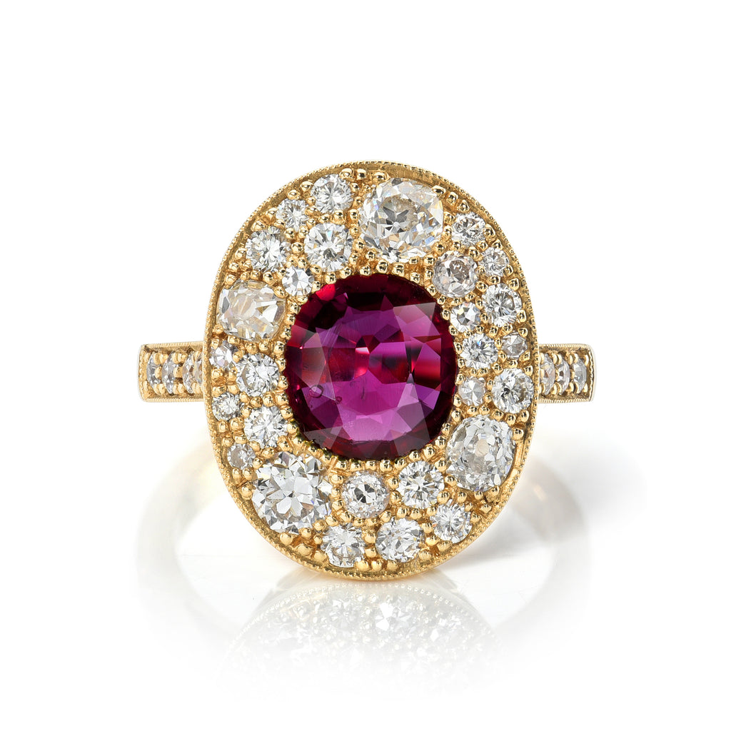 
Single Stone's Serafina ring  featuring 1.35ct oval cut red ruby with 1.43ctw varying old cut and round brilliant cut diamonds set in a handcrafted 18K yellow gold mounting.
