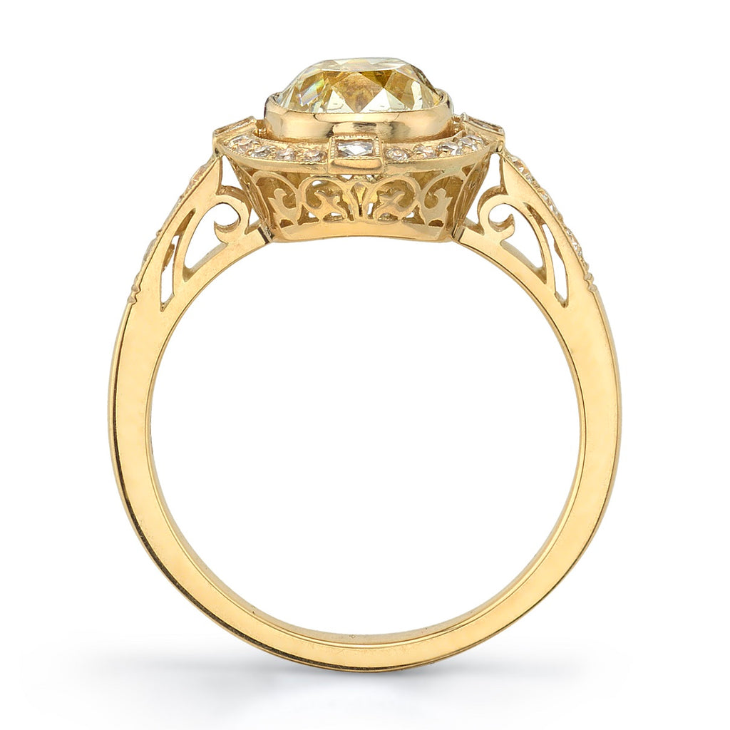 Single Stone's SHANNA ring  featuring 1.73ct K/SI1 EGL certified antique cushion cut diamond with 0.18ctw old European cut accent diamonds and 0.06ctw French cut accent diamonds set in a handcrafted 18K yellow gold mounting.   
