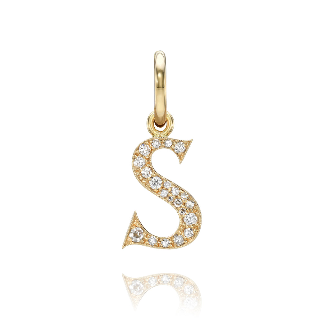 Single Stone's SMALL COBBLESTONE LETTERS pendant  featuring Approximately 0.15ctw-0.60ctw varying old and round brilliant cut diamonds set in a handcrafted 18K yellow gold letter pendant. Letters are approximately 1/2&quot; tall. Available in an oxidized or polished finish. Please inquire for additional customization. Price does not include chain, and may vary according to stone wei
