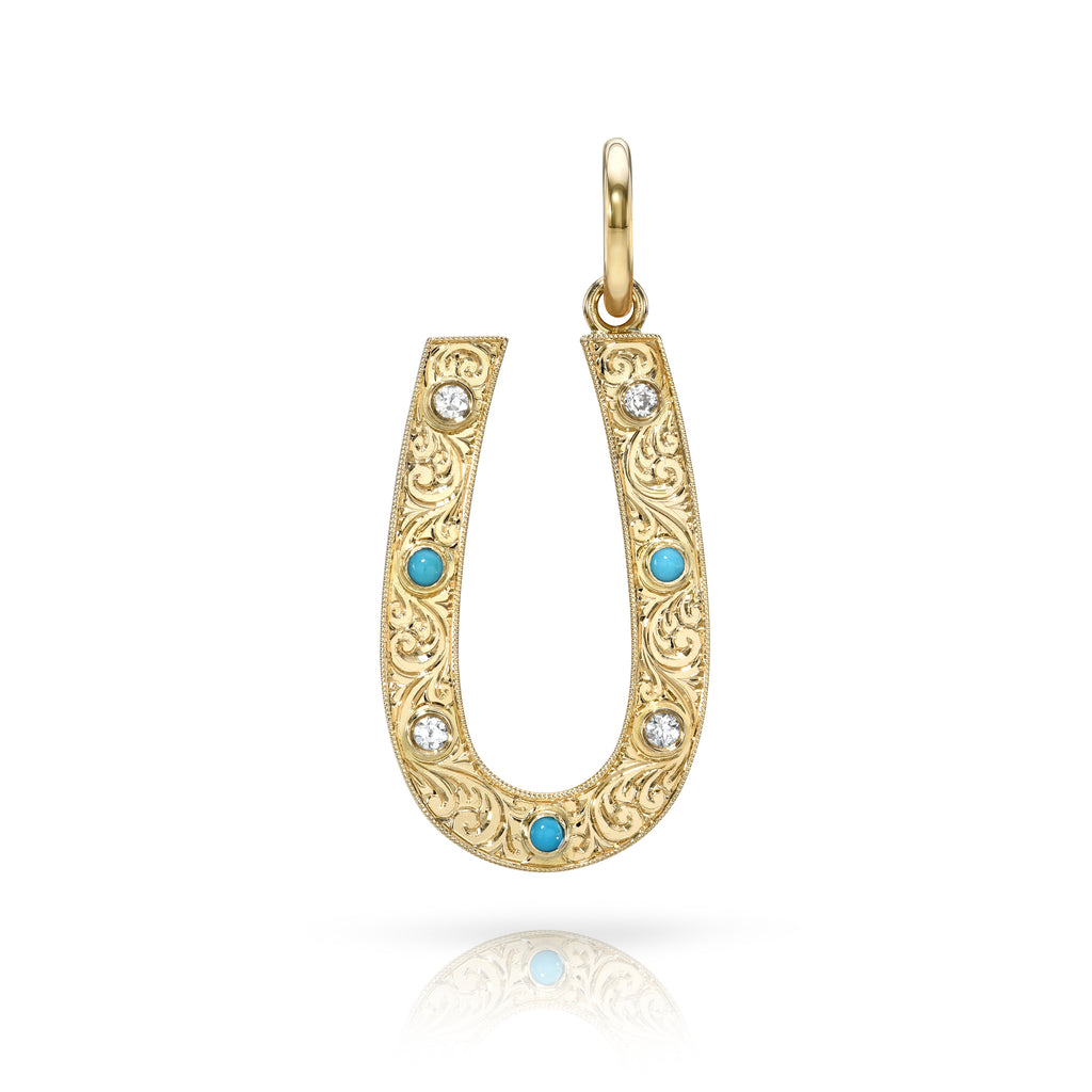 Single Stone's SMALL MARILYN WITH DIAMONDS AND GEMSTONES pendant  featuring Approximately 0.14 - 0.16ctw old European cut diamonds featuring three turquoise cabochon accent stones bezel set in a handcrafted, hand engraved, 18K yellow gold horseshoe shaped pendant. Price does not include chain.
