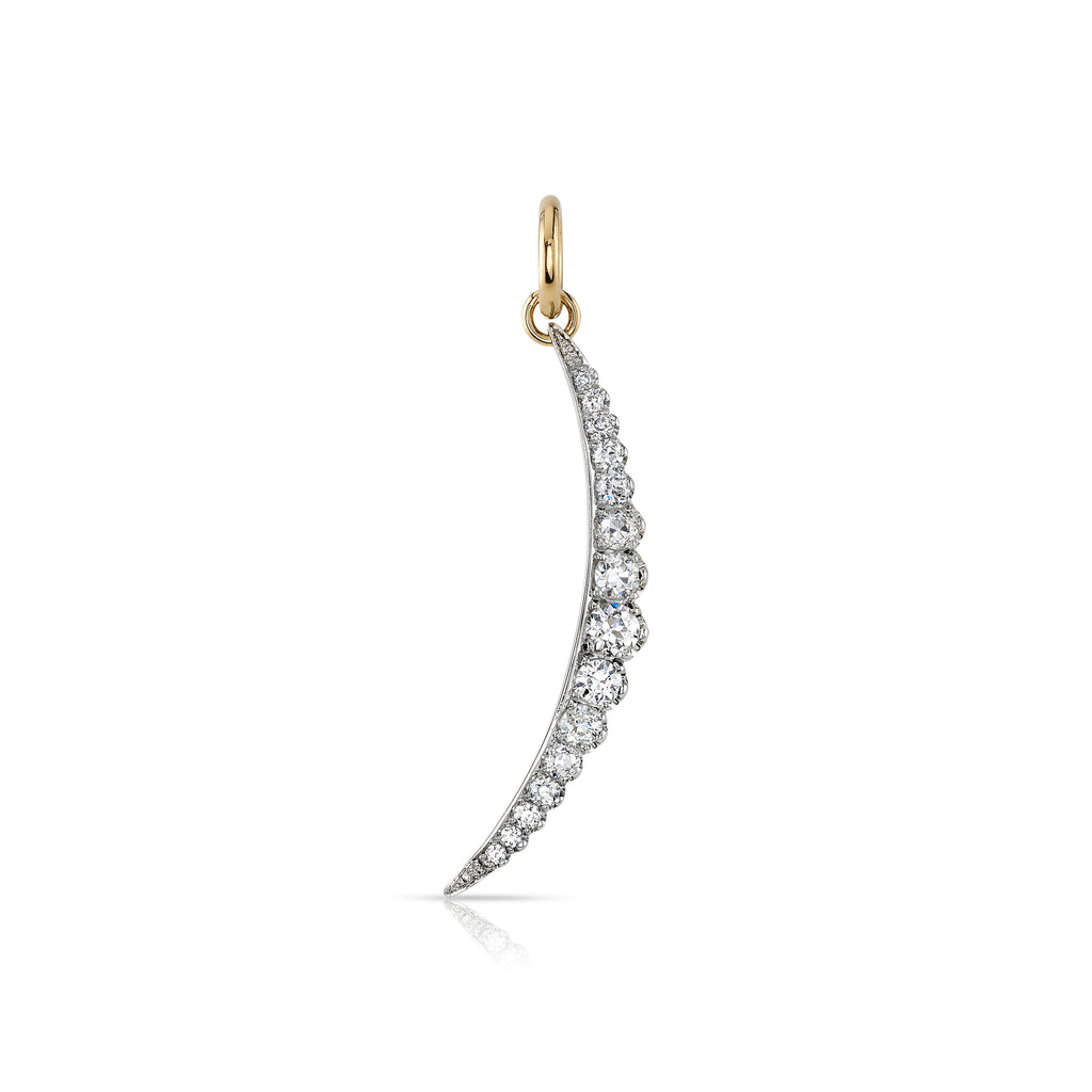 Single Stone's SMALL OPHELIA pendant  featuring Approximately 0.30ctw old European and antique old mine cut diamonds set in a handcrafted 18K gold and platinum crescent moon pendant setting. Price does not include chain.

