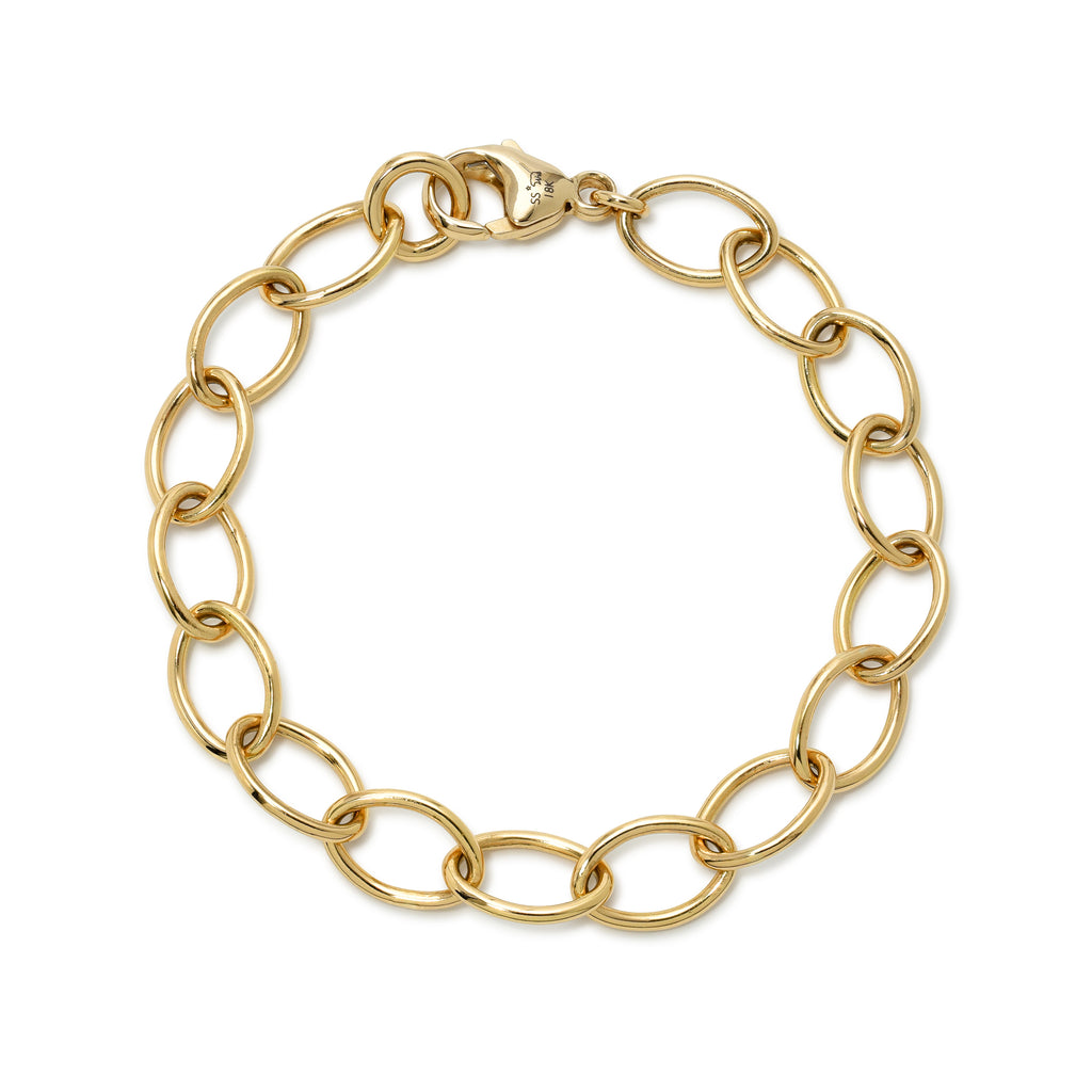 
Single Stone's Sport bracelet band  featuring Handcrafted 18K yellow gold oval link bracelet. Bracelet measures 7.5".
Charms sold separately.
Please inquire for additional customization. 
