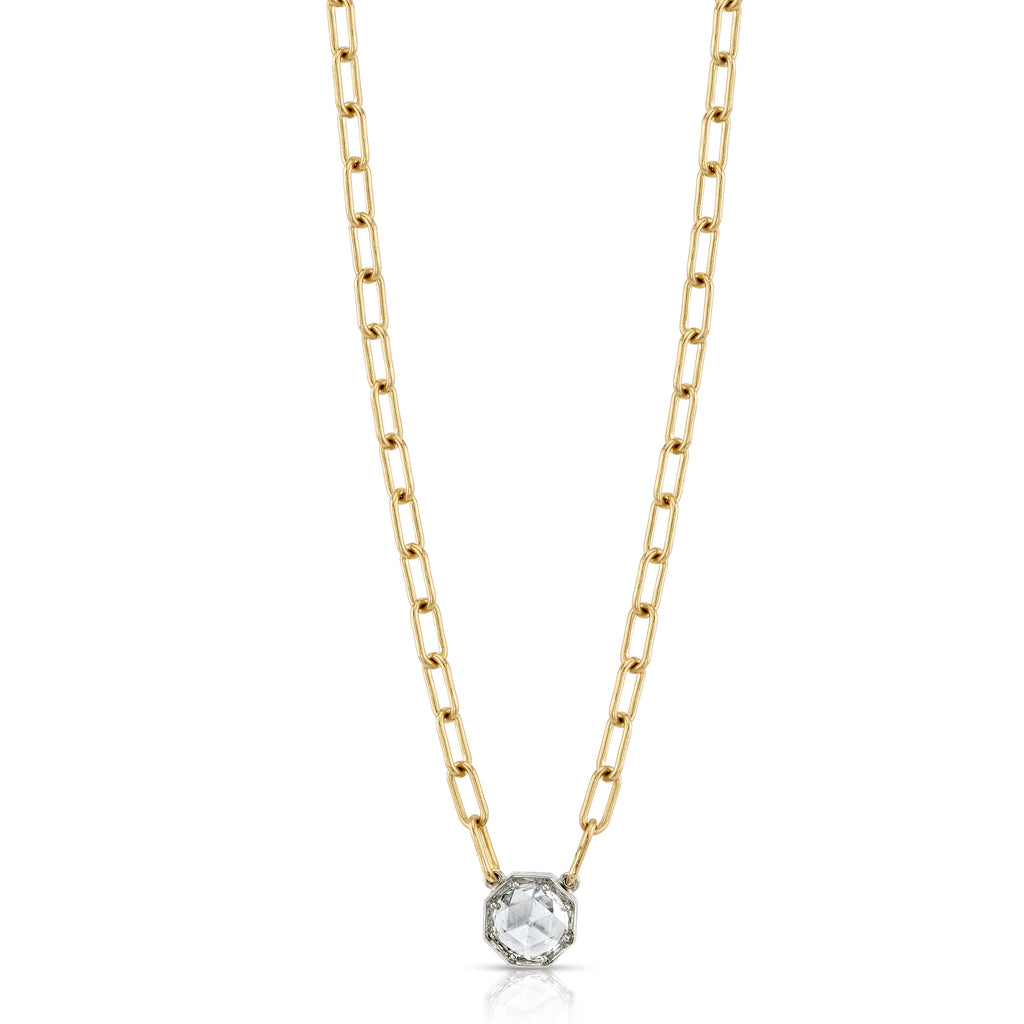 Single Stone's SUMMER NECKLACE  featuring 0.85ct I/VS2 GIA certified round rose cut diamond prong set in an 18K champagne white gold pendant on our handcrafted 18K yellow gold Bond chain. Necklace measures 17&quot;.  
