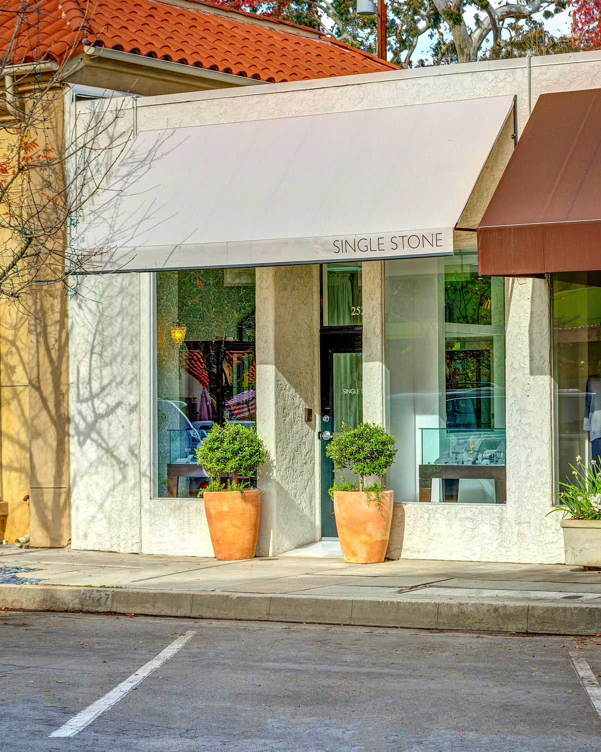 A storefront exterior with a beige awning labeled SINGLE STONE, large glass windows, two potted green shrubs, a tiled orange roof, and a street foreground.