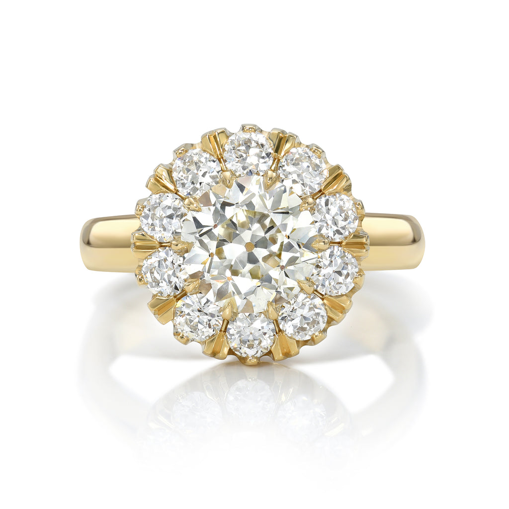 Single Stone's TALIA ring  featuring 1.51ct M/VS2 GIA certified old European cut diamond with 0.86ctw old European cut accent diamonds prong set in a handcrafted 18K yellow gold mounting.
