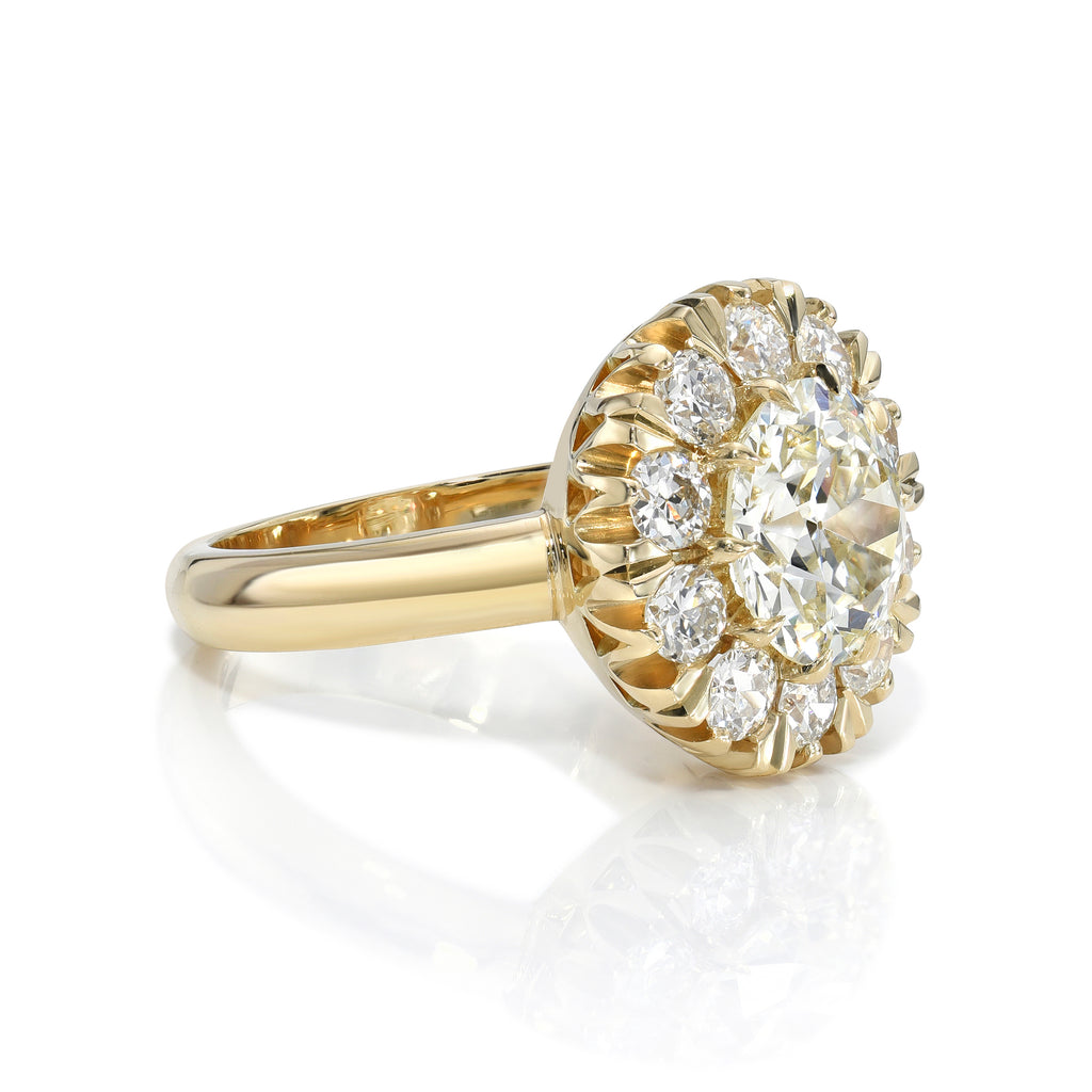 Single Stone's TALIA ring  featuring 2.22ct L/VVS2 GIA certified old European cut diamond with 0.91ctw old European cut accent diamonds prong set in a handcrafted 18K yellow gold mounting.
