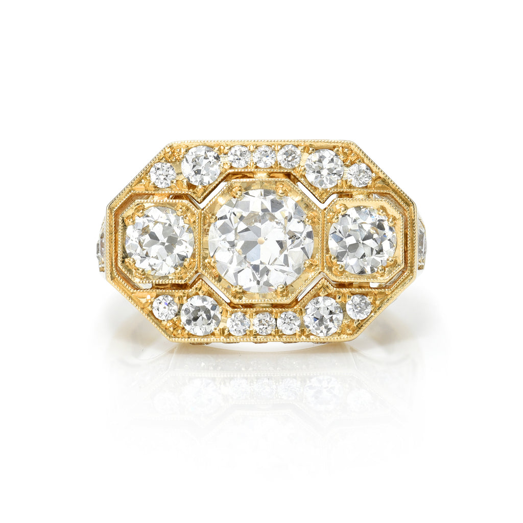 
Single Stone's Theodora ring  featuring 0.97ct G/SI1 GIA certified old European cut diamond with 1.52ctw old European cut accent diamonds set in a handcrafted 18K yellow gold mounting.
