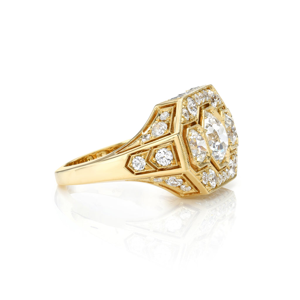 Single Stone's THEODORA ring  featuring 0.97ct G/SI1 GIA certified old European cut diamond with 1.52ctw old European cut accent diamonds set in a handcrafted 18K yellow gold mounting.
