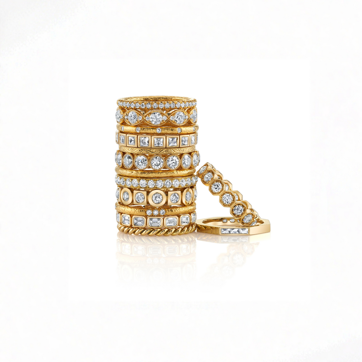 Multiple yellow gold diamond bands