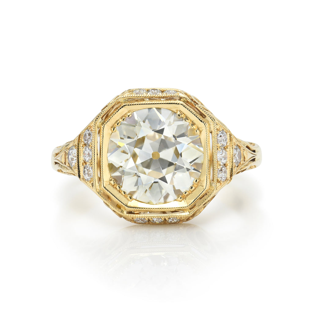 Single Stone's WHITNEY ring  featuring 2.51ct N/VS1 GIA certified old European cut diamond with 0.21ctw old European cut accent diamonds set in a handcrafted 18K yellow gold mounting.
