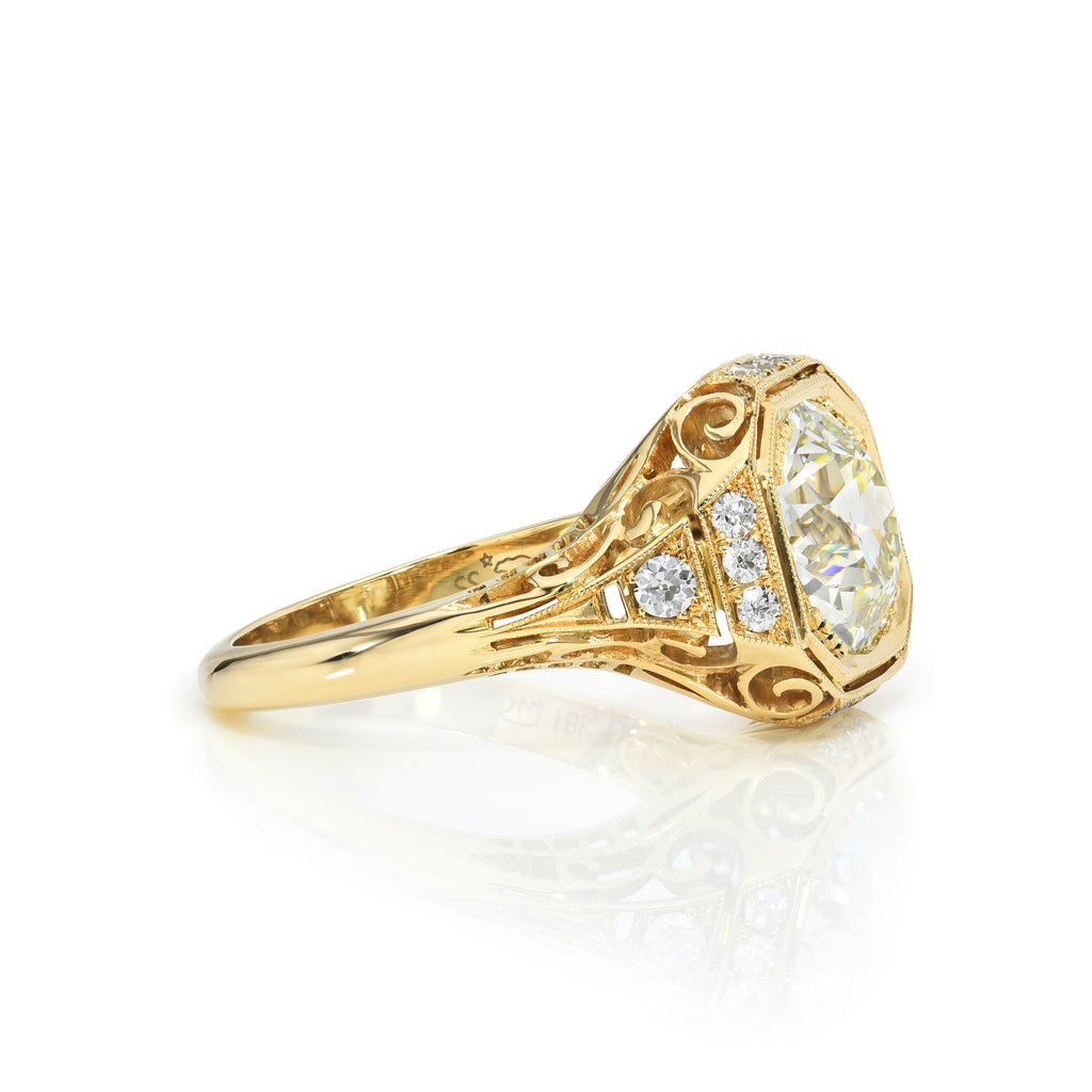Single Stone's WHITNEY ring  featuring 2.51ct N/VS1 GIA certified old European cut diamond with 0.21ctw old European cut accent diamonds set in a handcrafted 18K yellow gold mounting.
