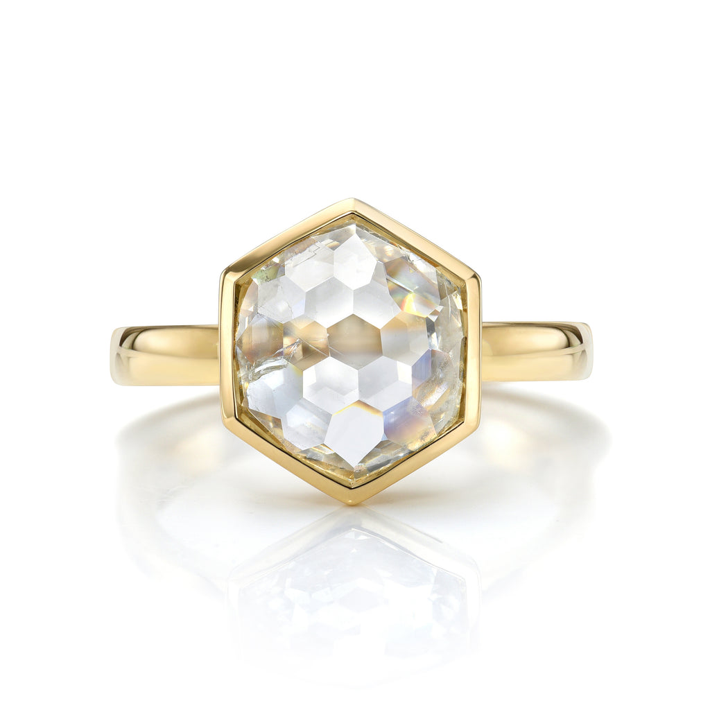 Single Stone's WYLER ring  featuring 1.88ct J/I2 GIA certified hexagonal rose cut diamond bezel set in a handcrafted 18K yellow gold mounting.
