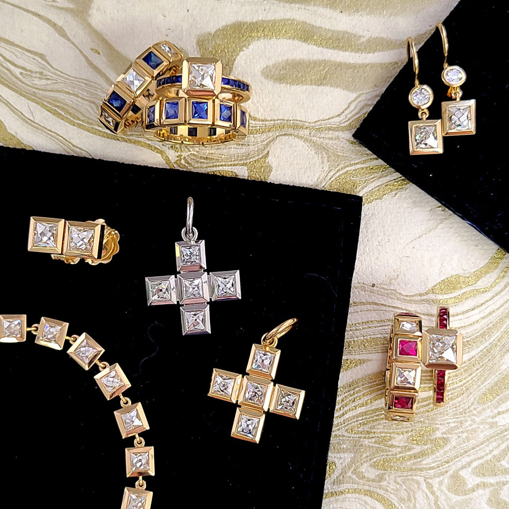 Single Stone fine jewelry featuring French cut diamonds and gemstones bezzle set in various designs